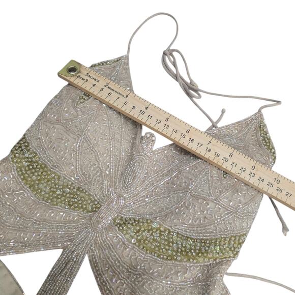 Y2K 5.7.9 Vintage Beaded Sequin Butterfly Halter Top Medium Green Cream - Picture 5 of 7